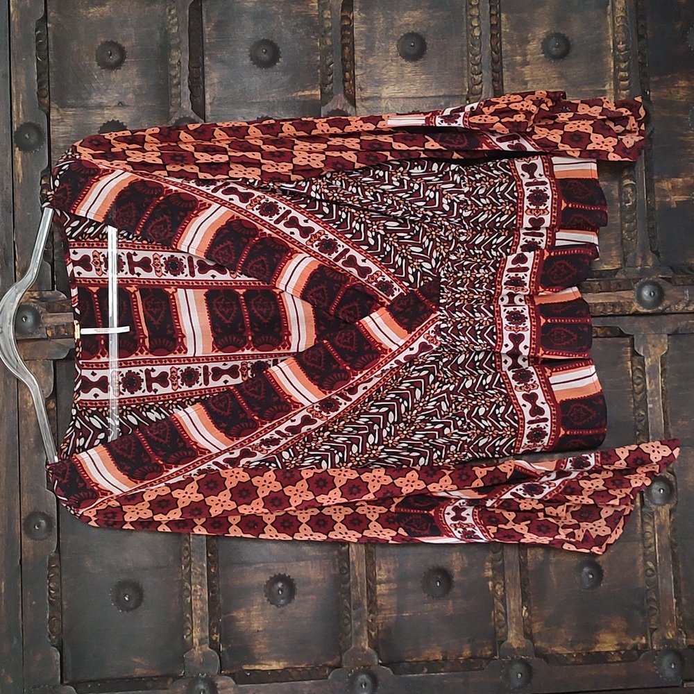 Free People Pattern Batik Style Long Sleeve Blouse Deep V Neck Motoboho Goddess